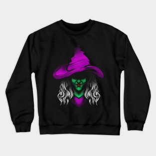 Evil Witch With Green Skin And Purple Hat For Halloween Crewneck Sweatshirt